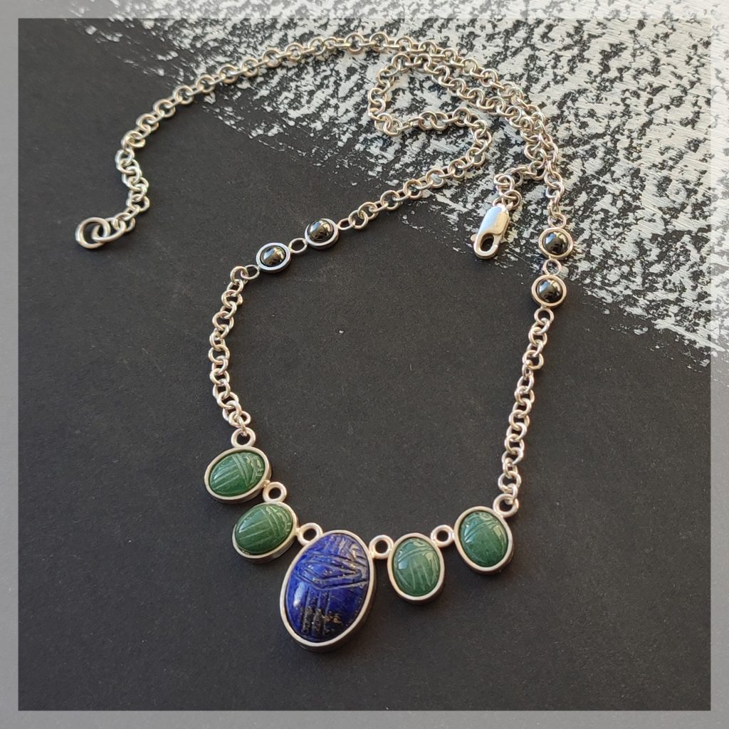 Egyptian Treasure Necklace in Sterling Silver set with Natural Lapis Lazuli, Jade and Hematite
