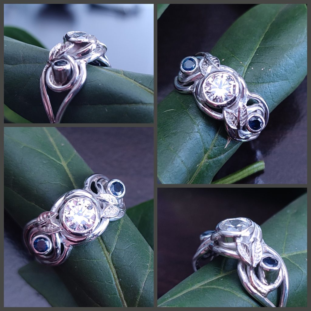 Sapphire and Moissanite Silver vine Ring