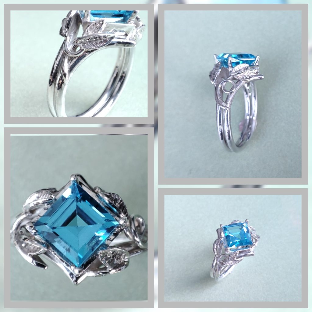 Blue Topaz Silver Vine ring set with square cut topaz