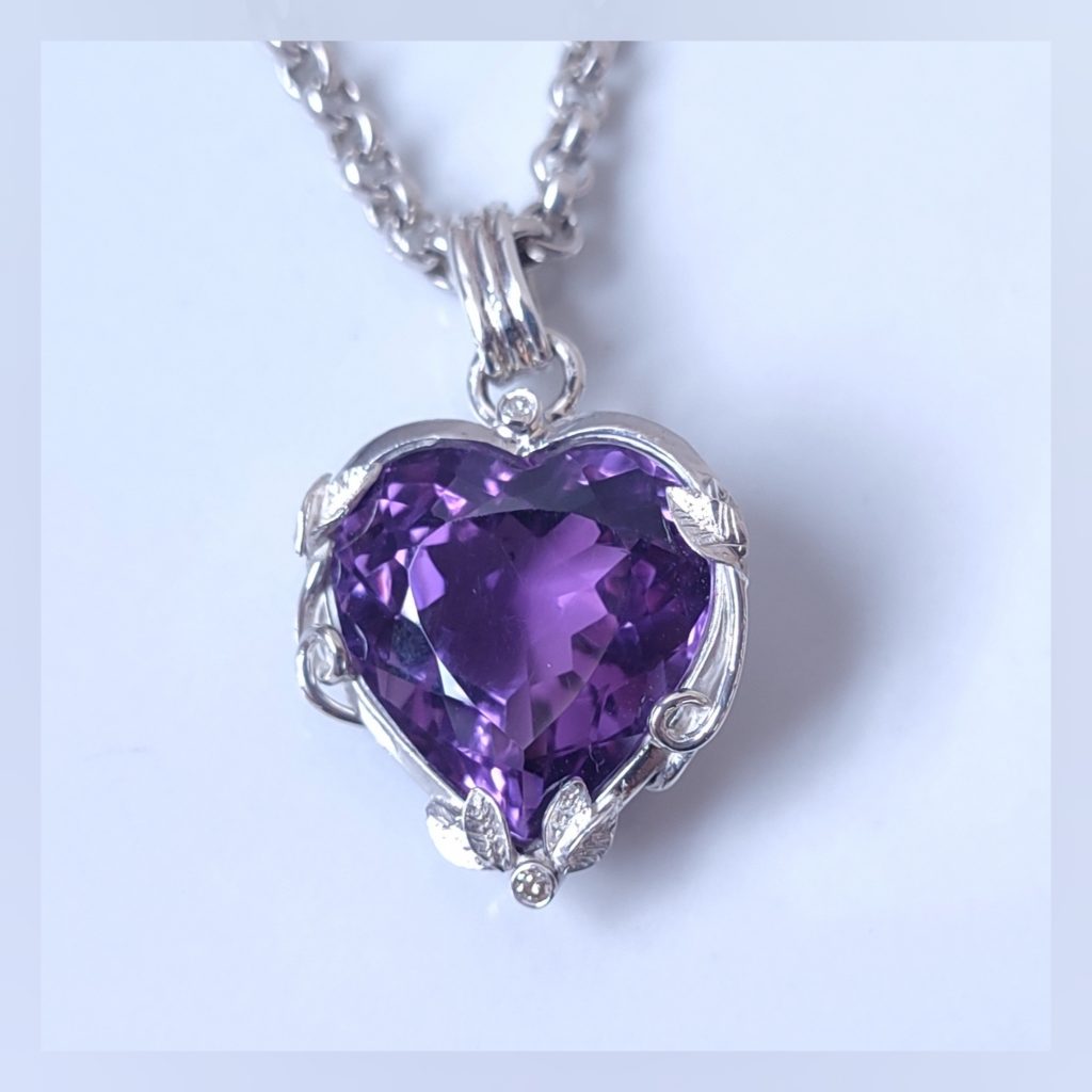Amethyst and Diamond Heart Pendant with vine detail in sterling silve