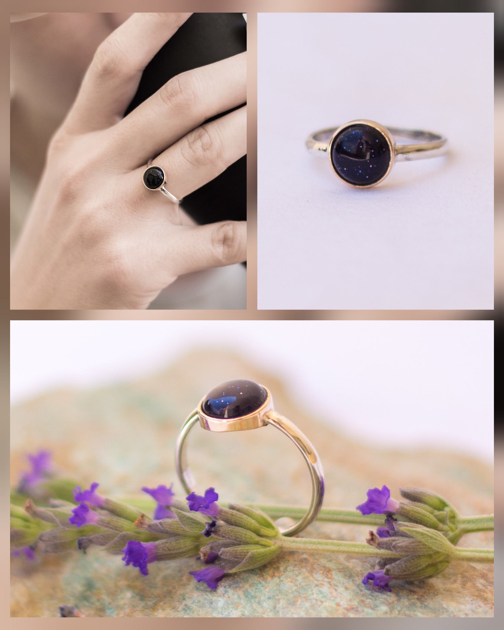 Blue Sunstone Ring in Sterling Silver and 9ct yellow gold